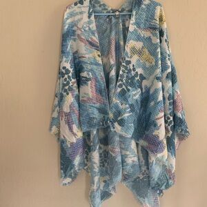 Woven Heart Blue and Cream Knit Cape, Open Front Cardigan Size Large